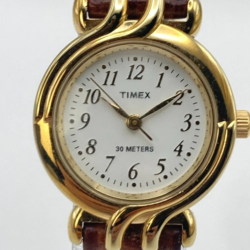 Vintage Timex Women's Watch 25mm Gold Tone Leather New Battery SMALL 7.5